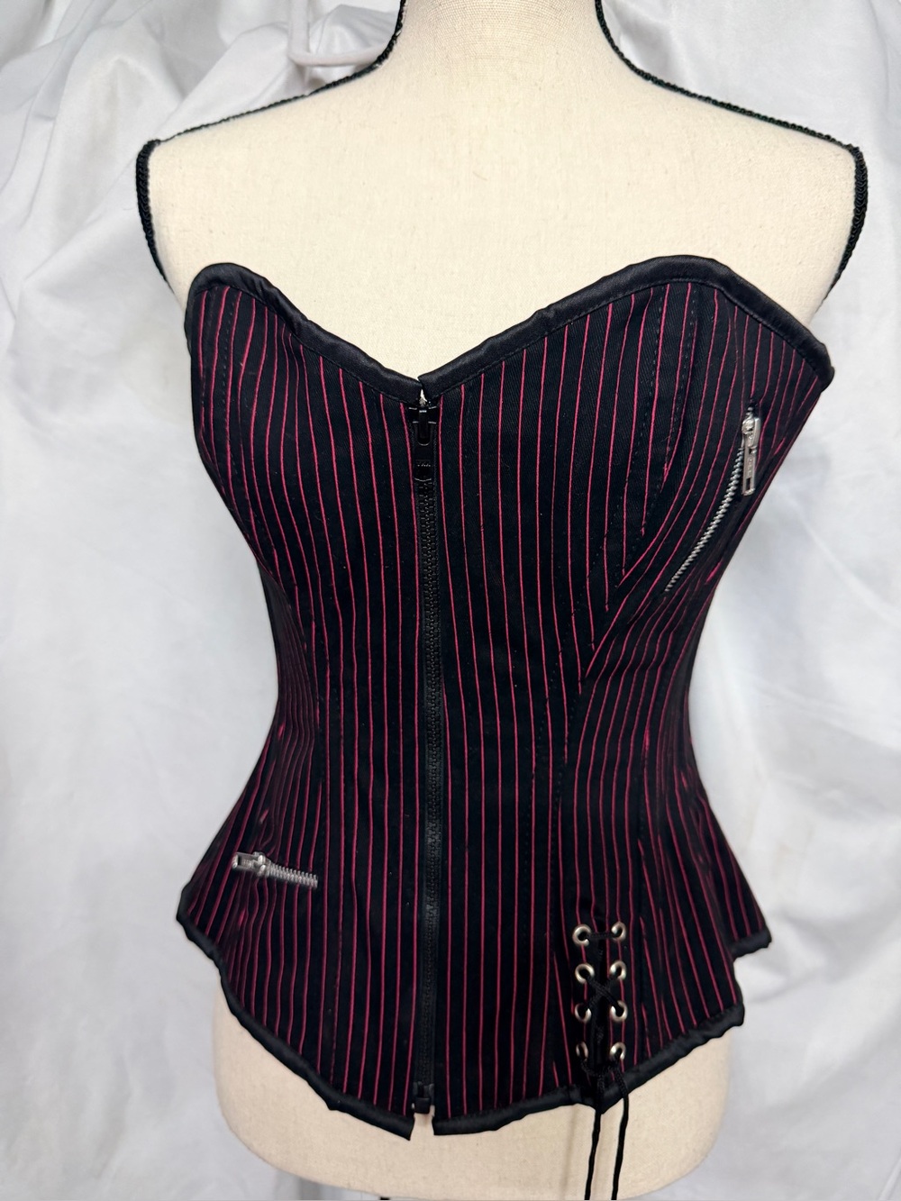 Burleska Black Corset Waist Cincher with Pink Pinstripes
